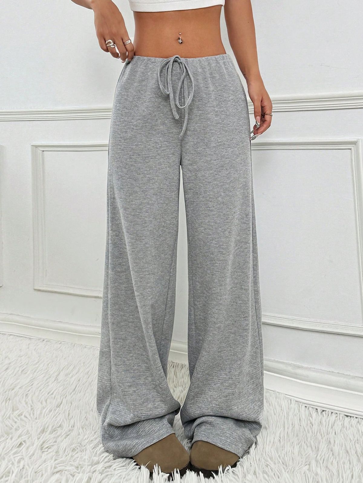 Women's Casual Elastic Waist Straight Leg Pants - Soft Cotton Blend With Stripes & Solid New Casual Striped Elastic Drawstring Cotton Straight Pants_ecoleips.com