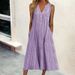 Women Casual Striped Dress Stylish V‑Neck Sleeveless Design With Convenient Side Pockets_ecoleips.com
