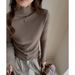 Korean Style Women's High Neck Base Layer Top Ruffled Trim Faux Cashmere Brushed Thickened Autumn Winter Innerwear_ecoleips.com
