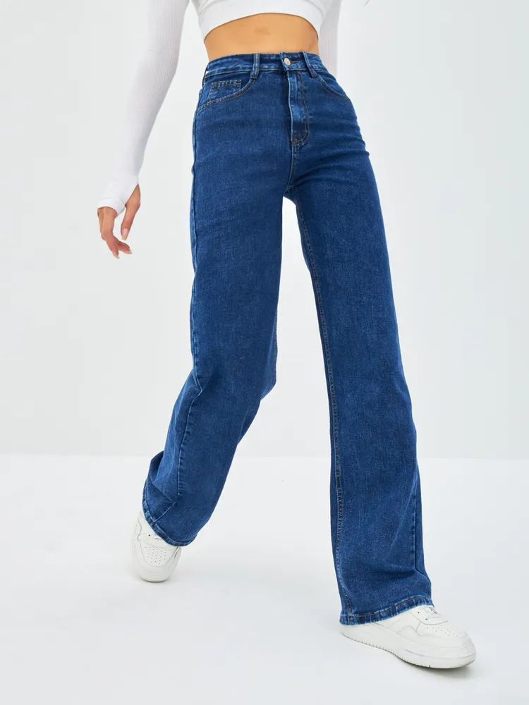 Women's Tall Stretch Denim Jeans - High Waist Wide Leg Pants, Retro Blue, Comfortable Cotton Blend For Office & Casual Wear (Sizes 25-32)_ecoleips.com