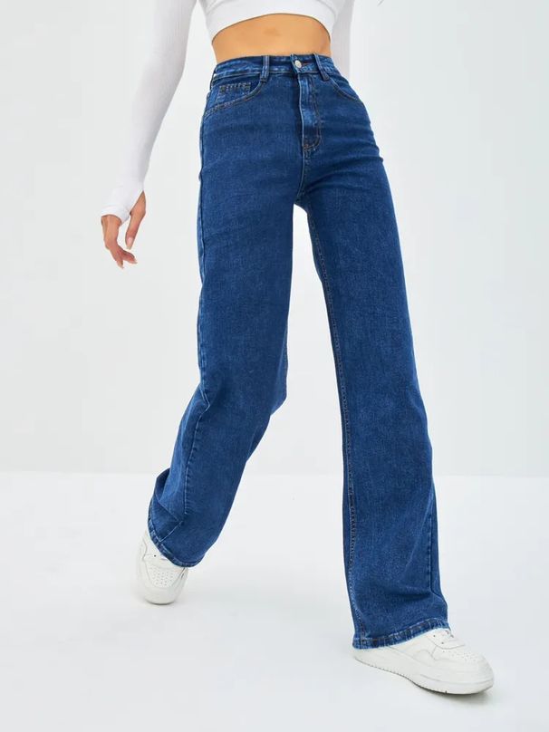 Women's Tall Stretch Denim Jeans - High Waist Wide Leg Pants, Retro Blue, Comfortable Cotton Blend For Office & Casual Wear (Sizes 25-32)_ecoleips.com