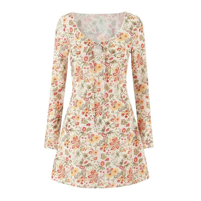 European And American Style Floral Long-sleeve Dress, New Autumn Model, Round Neck, Bow Tie, Waist-cinching, Slim-fit_ecoleips.com
