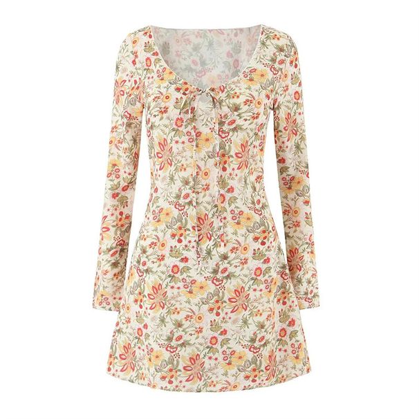 European And American Style Floral Long-sleeve Dress, New Autumn Model, Round Neck, Bow Tie, Waist-cinching, Slim-fit_ecoleips.com