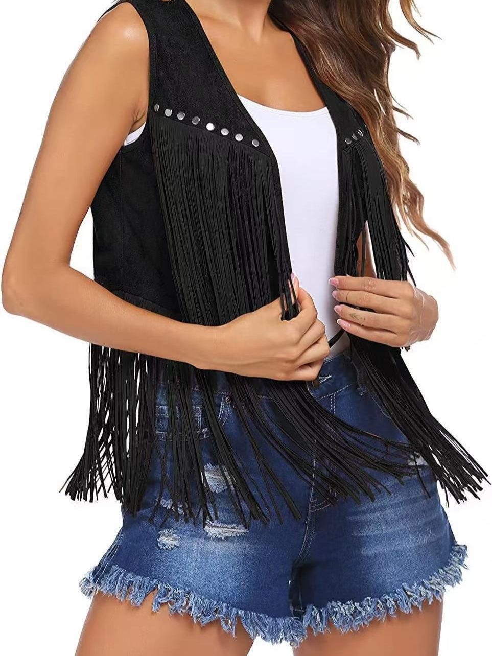 Women's Thickened Suede Fringe Vest Sleeveless Open Front Cardigan Casual Boho Chic Outerwear Coffee Black White Fall Winter_ecoleips.com