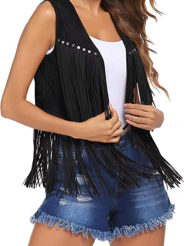 Women's Thickened Suede Fringe Vest Sleeveless Open Front Cardigan Casual Boho Chic Outerwear Coffee Black White Fall Winter_ecoleips.com