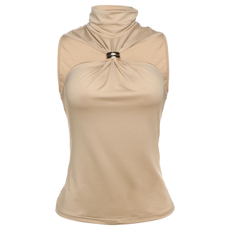 Women's Sleeveless Halter Neck Slim Vest Top Unique Metal Decoration European American Style Spring New Clothing for Ladies_ecoleips.com