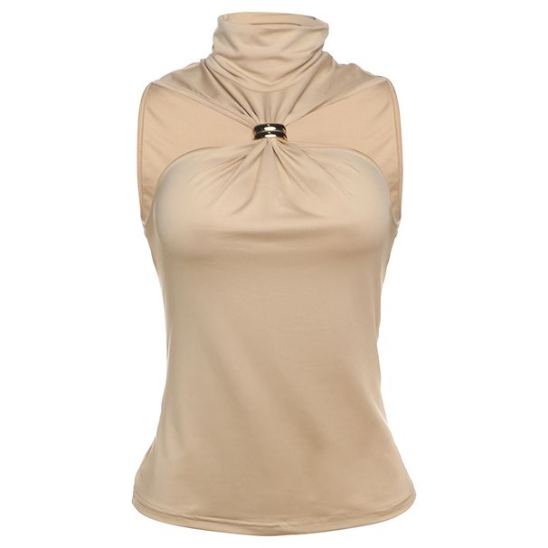 Women's Sleeveless Halter Neck Slim Vest Top Unique Metal Decoration European American Style Spring New Clothing for Ladies_ecoleips.com