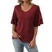 Women's Solid Color V-Neck Short Sleeve Top With Flutter Sleeves, Soft Casual Blouse For Everyday Wear_ecoleips.com