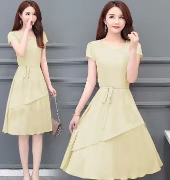 2026 Summer Korean Style Slim Solid Color Dress Women's Mid-Length Dress Patchwork Fashion A-Line Dress_ecoleips.com