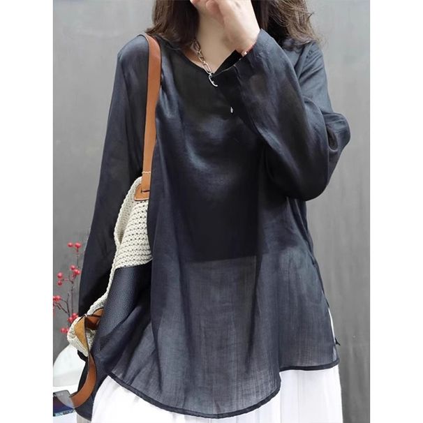 A Loose And Artistic Cotton And Linen Round-Neck Long-Sleeved T-Shirt For Women's Spring And Summer, A Light And Medium-_ecoleips.com