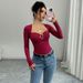 Voya Spring And Summer New French Retro Square Neck Long Sleeved Slim Pleated Top For Women's Clothing, Wine Red Niche Design Base Shirt_ecoleips.com