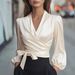 Elegant Satin V Neck Slimming Top For Women Tie Waist New Style Spring Autumn Independent Websites_ecoleips.com
