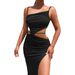 Popular Slanted-Shoulder Strapless Dress With Lace-Cutout Design And Slit_ecoleips.com