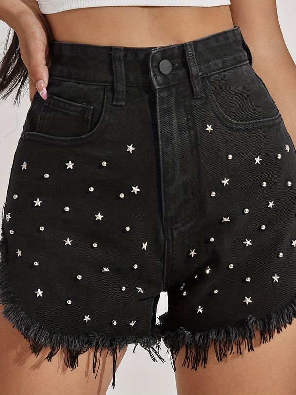 2024 Spring/Summer Amazon New European And American Women's Fashion Sexy Beaded Ultra-Short High-Waisted Raw Edge Denim_ecoleips.com