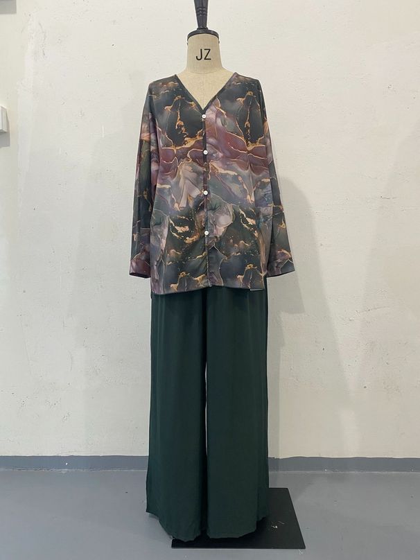 Women's Clothing spring fashion new hand painted printed shirt top wide leg pants two piece suit women's clothing_ecoleips.com