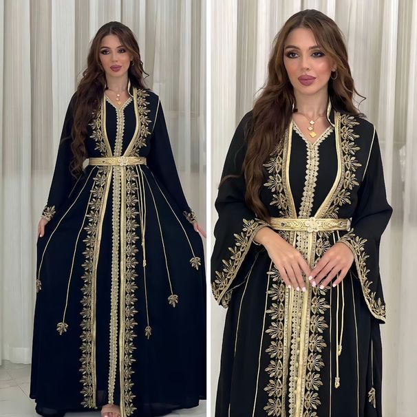 Women's Fashion Dress With Belt And Headscarf, Velvet Two-piece Robe, New Muslin Style_ecoleips.com