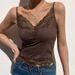 Lace Trim Spliced Ribbed Deep V Camisole, European And American Summer New Women's Clothing, Cropped Sexy Slim-fit Tank_ecoleips.com