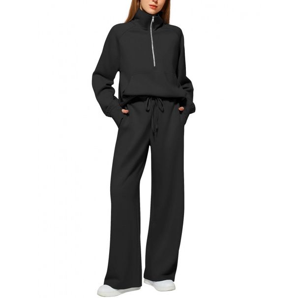 Aria Basics Aria Basics European American Cross-border Women's Two-piece Set: Oversized Half-zip Sweatshirt And Wide-leg Sweatpants Casual Solid_ecoleips.com
