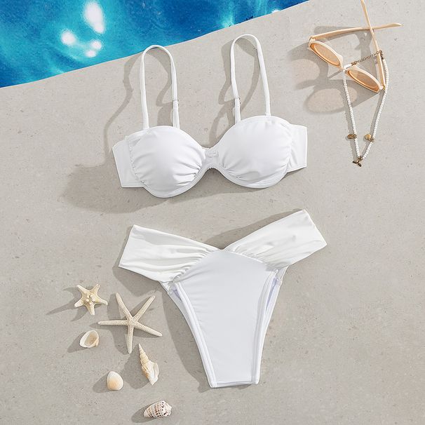 Women's Clothing Pure White Sexy Gathered Bikini High Waist Split Swimsuit_ecoleips.com
