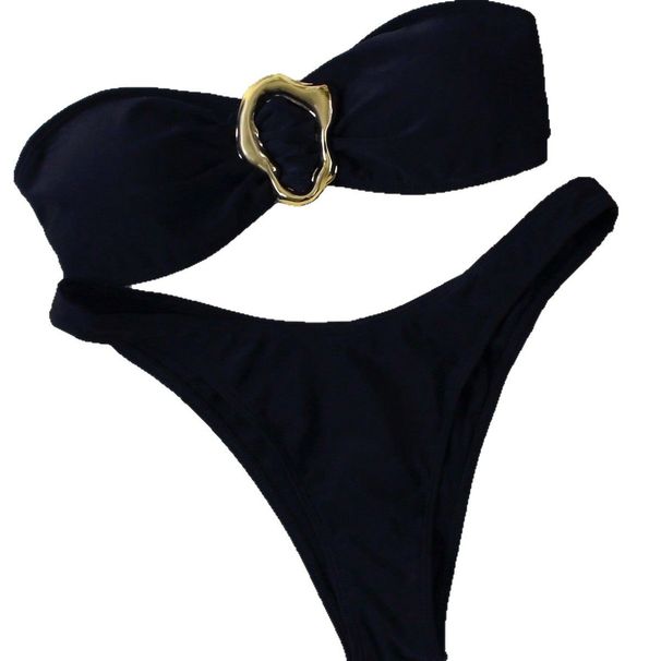 Women's Clothing Solid Color Bikini Split Tube Top Sports Metal Accessories Swimsuit Hot Style_ecoleips.com