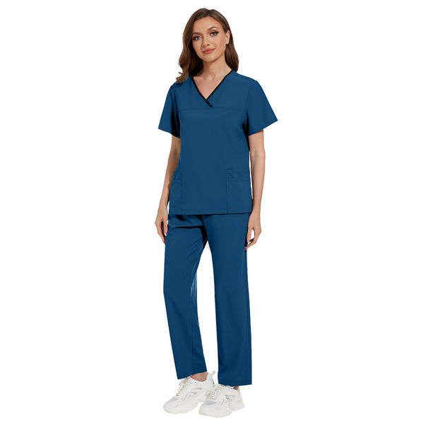 Medical Uniform Trendy Women's Scrub Set Stretch Soft Y-Neck Top Pants Hospital Pet Clinic Doctor Costume Contrasting Colors_ecoleips.com