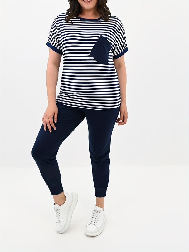 Women's Striped Casual Top Two Piece Set with Solid Color Pocket Slim Fit Trousers Short Sleeved Top Elastic Waist_ecoleips.com