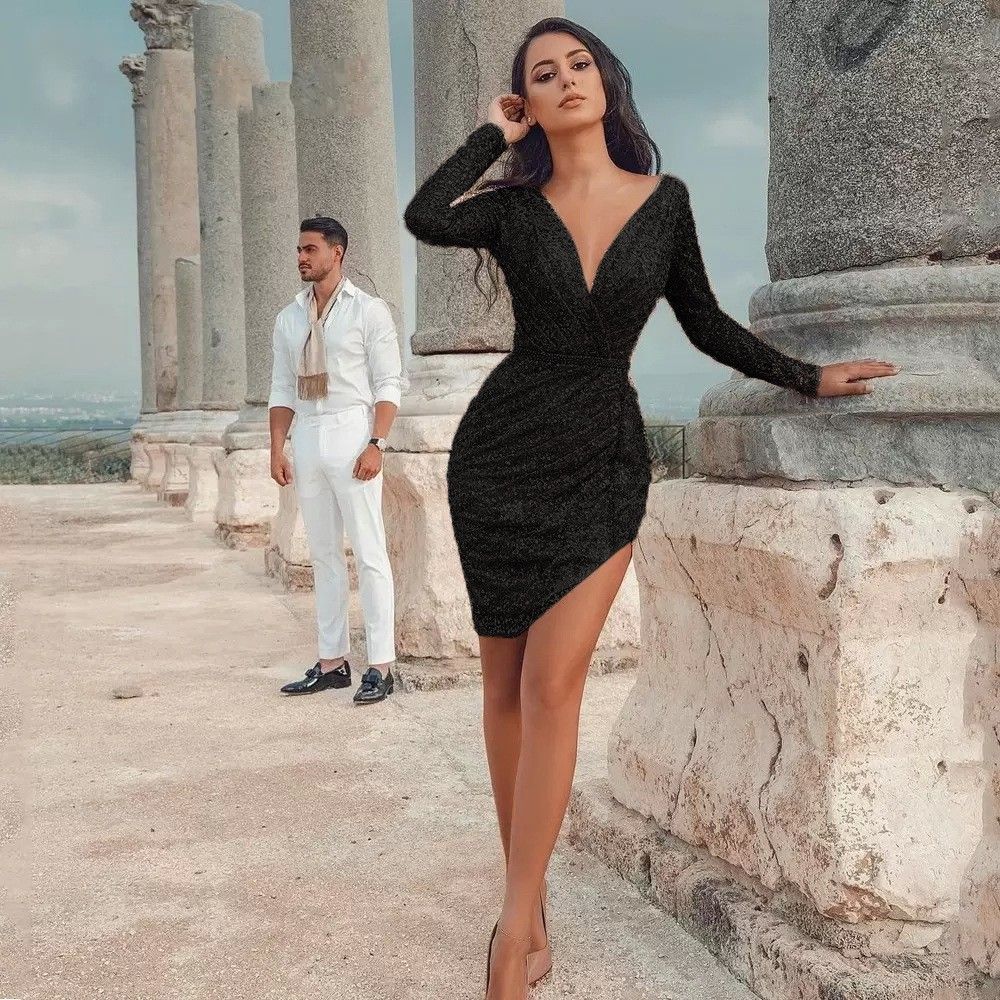 Dunhuang-Inspired Deep V-Neck Pencil Dress With Long Sleeves – Elegant Bodycon Midi Dress For Fall & Winter_ecoleips.com