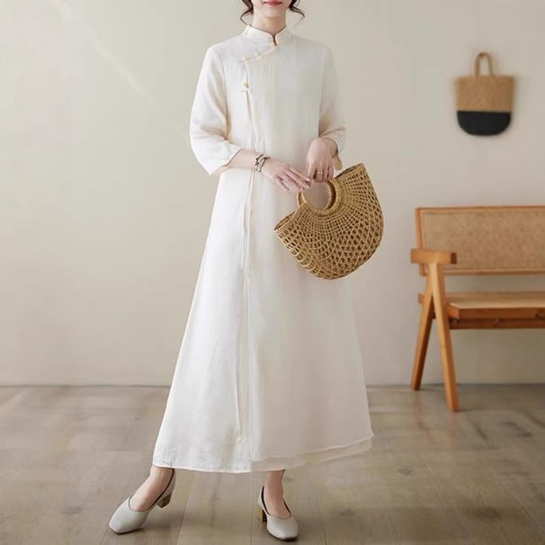 2025 Spring/Summer Vintage New Chinese National Style Cheongsam Improved Jacquard Zen Tea Dress With Three-Quarter_ecoleips.com
