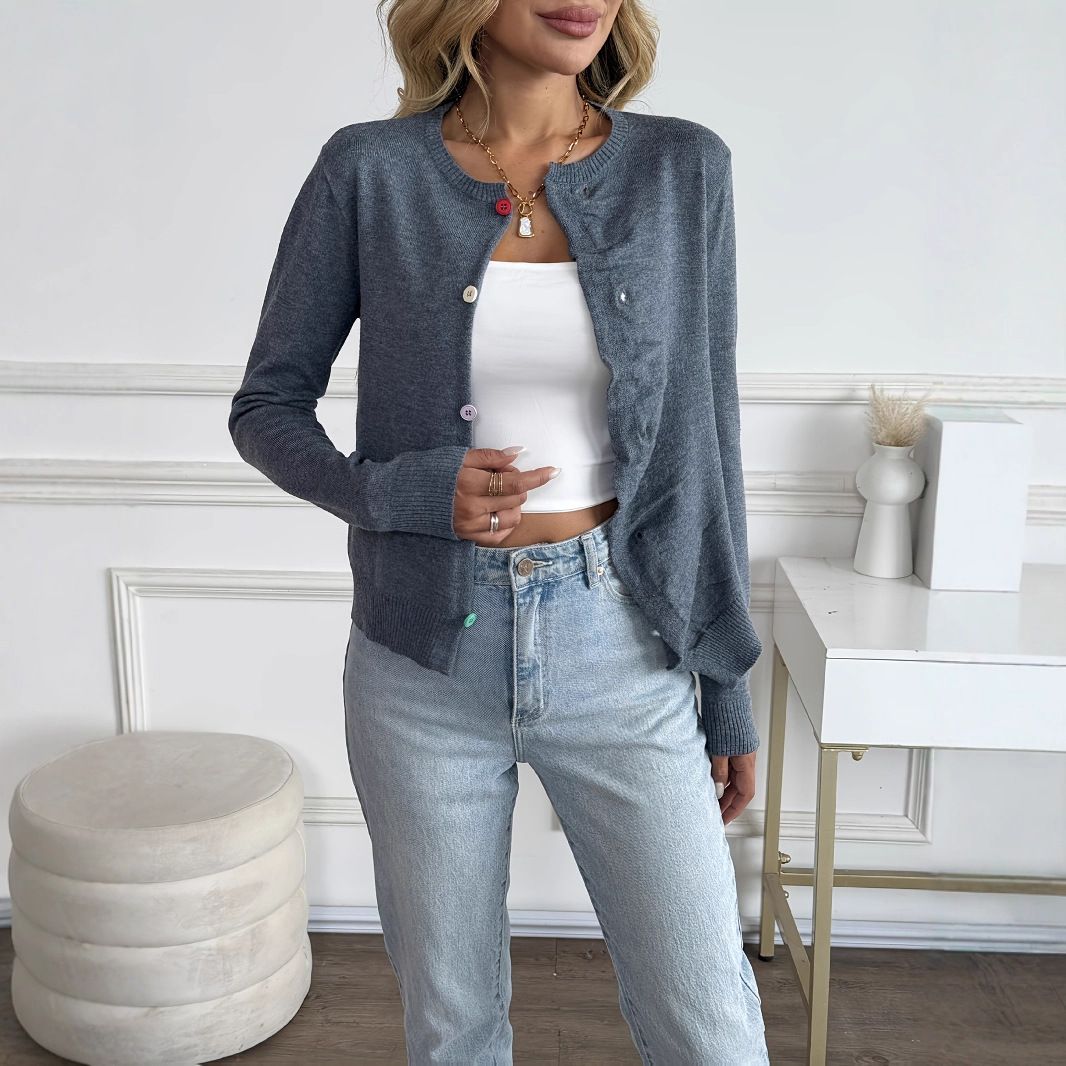 Spring And Autumn Round Neck Buttoned Women's Versatile Elegant Commuting Long Sleeve Knit Cardigan_ecoleips.com