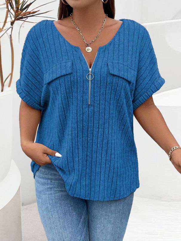 Women's Plus Size Pullover T-Shirt Solid Color Zipper Short Sleeve Faux Pocket Top Loose Fit Spring/Summer New Arrival_ecoleips.com