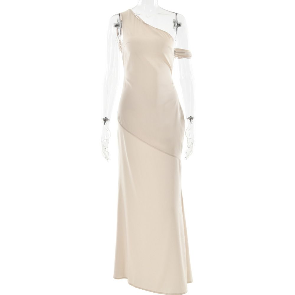 Women's Sexy One Shoulder Sleeveless Elegant Satin Backless Tie up Dress European American Cross Border New 2025_ecoleips.com