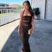 Women's Clothing Sexy Style Mesh Splicing Dress Slim Backless Solid Color Waist Baring Halter Neck Temperament Long Dress_ecoleips.com