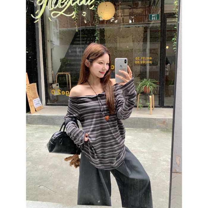 Original Fabric Lazy Style Striped One Shoulder Long Sleeved Women's Early Autumn Loose Slimming T-Shirt Casual Mid_ecoleips.com