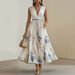 Women's Clothing Digital Printing V Neck Sleeveless Pleated Dress Long Skirt_ecoleips.com