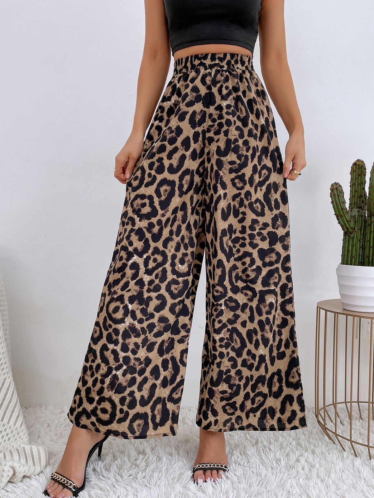 Women's INS Trendy Leopard Print Casual Wide Leg Pants Elastic Waist Loose Fit Bottoms_ecoleips.com