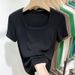 Women's U Neck Striped T-Shirt Short Sleeved Plus Size Top Versatile Hides Tummy New Summer Fashion_ecoleips.com