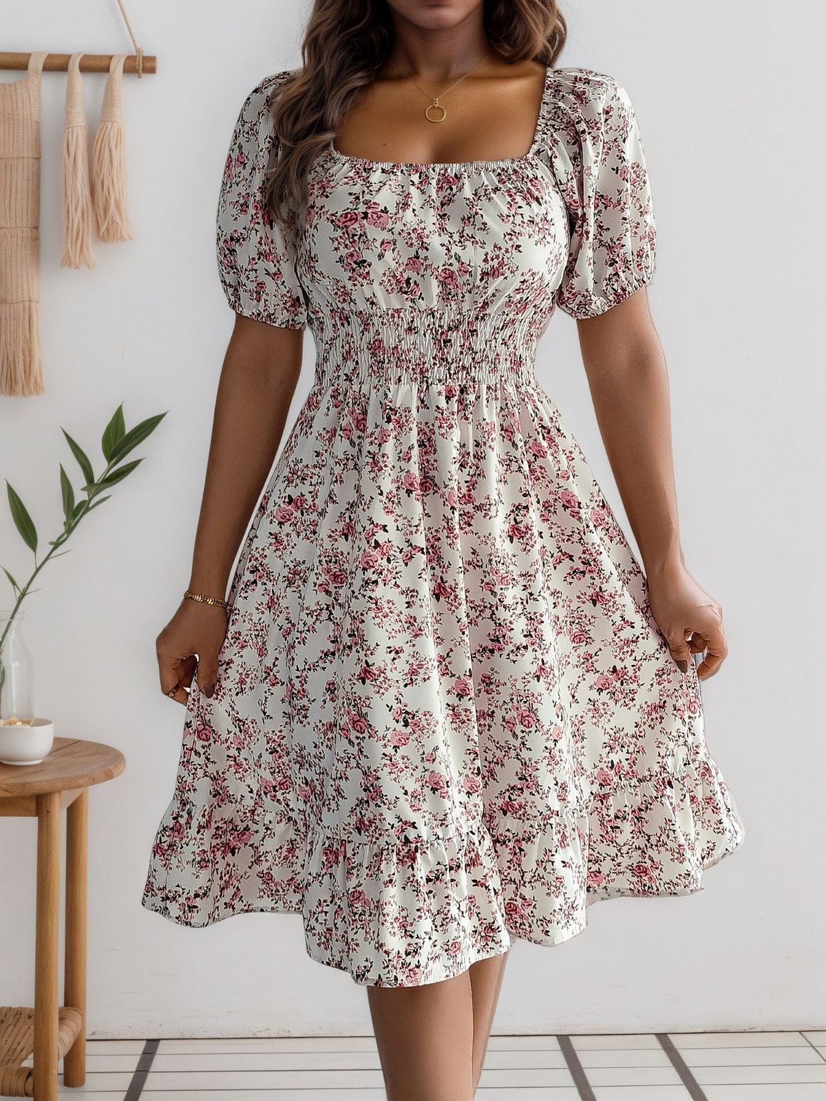 Real Shot Of Cross-border Women's Dress, 2026 Spring-summer New Style, European And American Floral Print, Square Neck,_ecoleips.com
