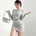 AC453 New Cross-Border Round Neck Solid Color Stretch Tight-Fitting Long-Sleeve Bodycon Slimming Dress_ecoleips.com