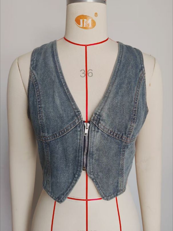 K New Zipper Denim Vest Short Tank Top_ecoleips.com