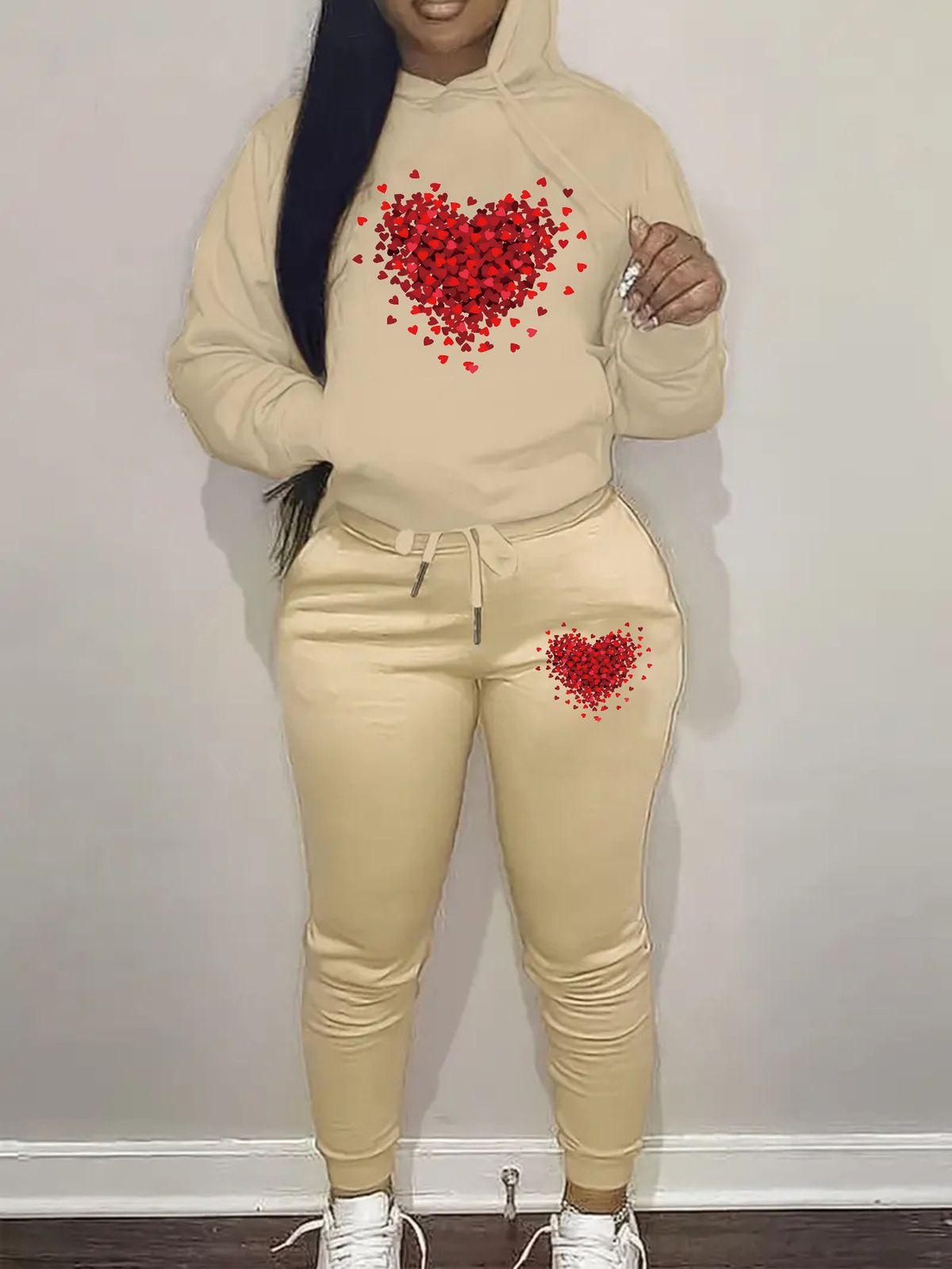 Women's Heart Print Hooded Sweatshirt And Sweatpants Set Casual Street Dance Fashion Autumn Winter Warm Top Bottoms Ensemble_ecoleips.com