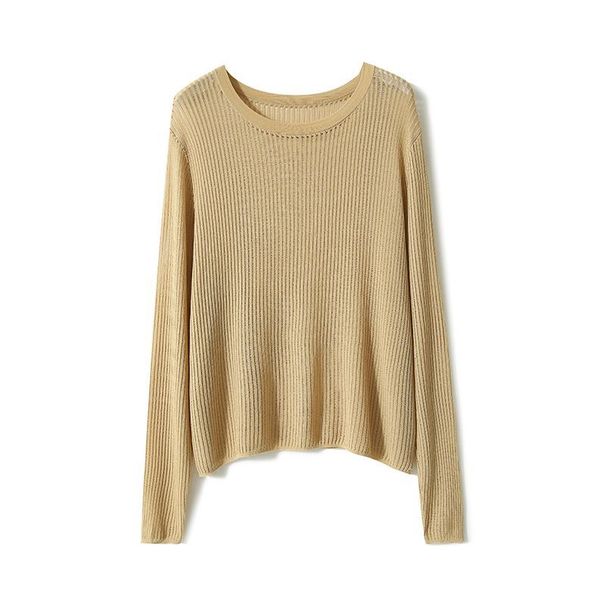 Semi-sheer Versatile Women's Top With Three-dimensional Stripes, Hollowed-out Round Neck, Long Sleeves, Dropped_ecoleips.com