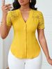 K Fashionable And Versatile Single Breasted Solid Color Slim Fit Embroidered Hollow Short Sleeved Top_ecoleips.com