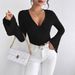 WG140 New Elegant Fashionable Women's Knitted Ribbed V-Neck Bell Sleeve T-Shirt With Unique Design For Cross-Border_ecoleips.com