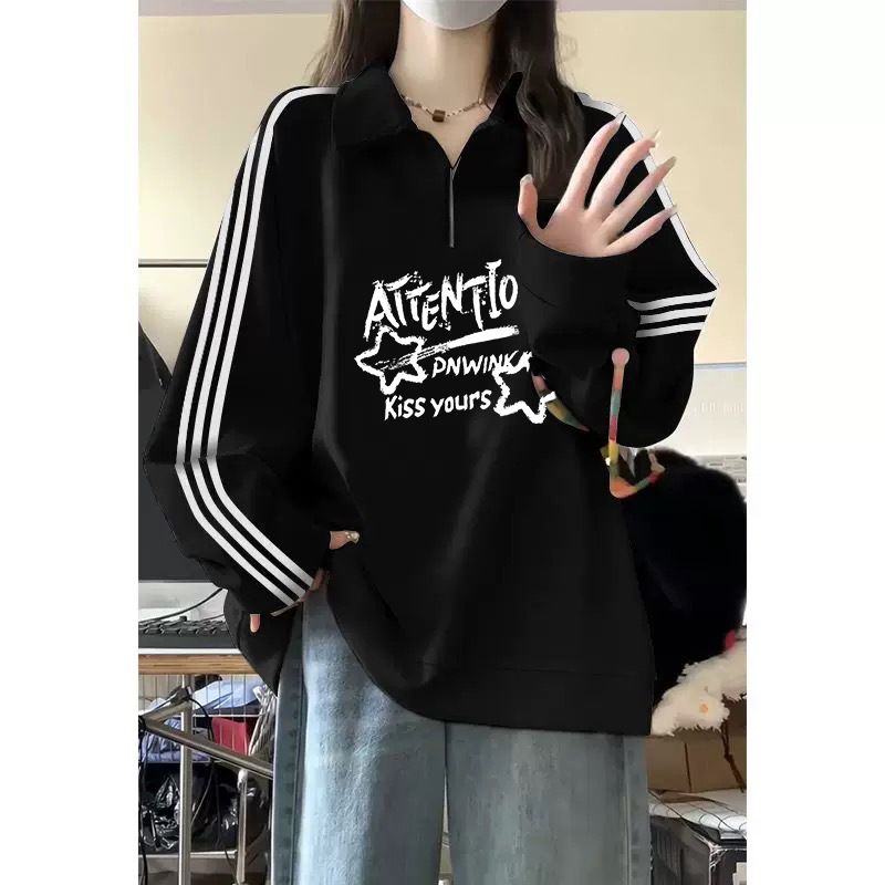Retro Striped Polo Collar Long-sleeve Sweatshirt Women, New Autumn Style, High-end Letter Print Loose Top For Middle And_ecoleips.com