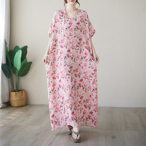 Real Shot Of 2024 Summer Thin Cotton-linen Artistic Loose V-neck Printed Simple Bohemian Mid-length Dress For Women_ecoleips.com