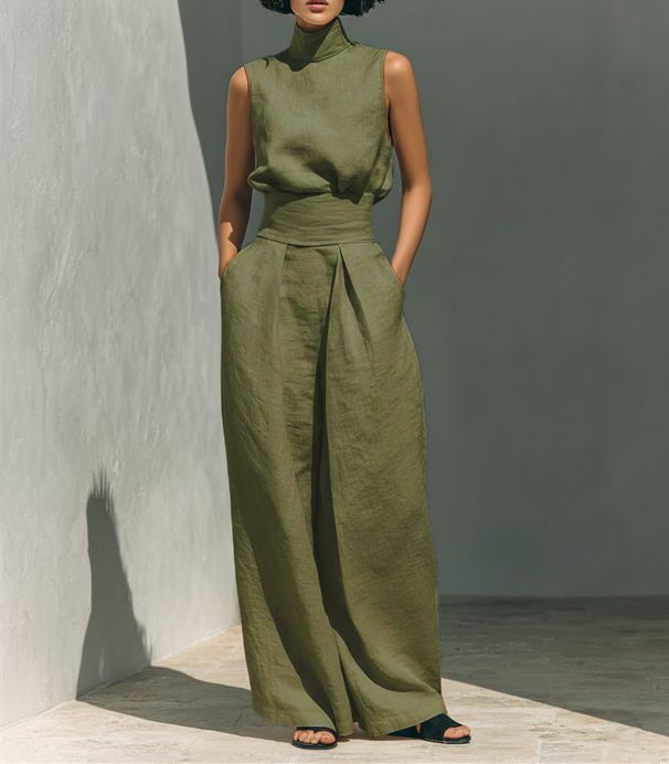 Women's Linen-Blend Sleeveless Top And Wide-Leg Pants Set, Comfortable Summer Lounge Two-Piece Outfit_ecoleips.com