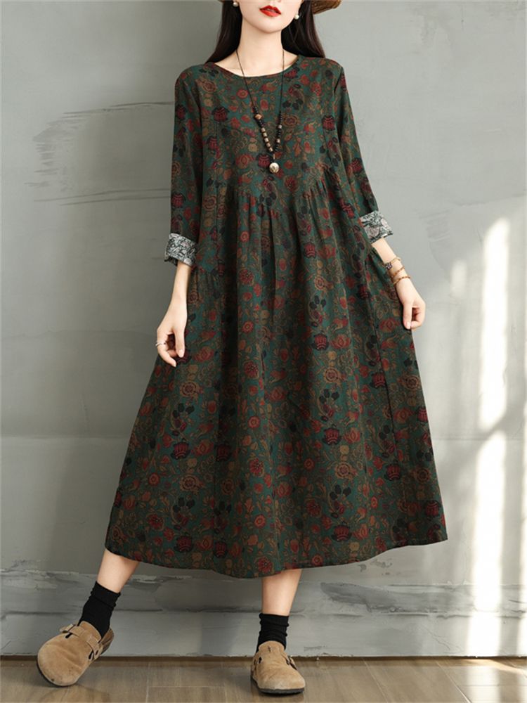 Cotton Vintage Print Floral Dresses 2026 Women Spring Autumn Casual Loose Long Sleeve Dress Femme Robe Vestidos Elegant Clothing_ecoleips.com