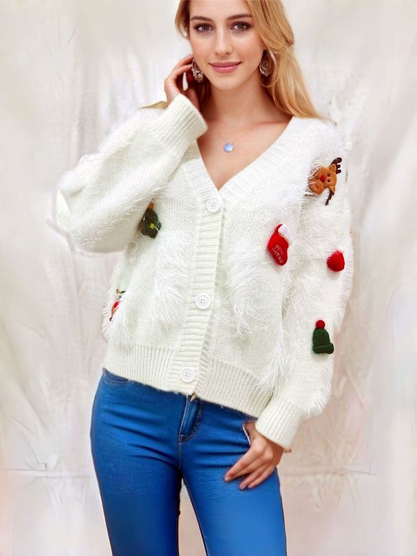 Cozy Christmas Sweater With 3D Embellishments – Faux Fur-Trimmed Cardigan For Holiday Cheer_ecoleips.com