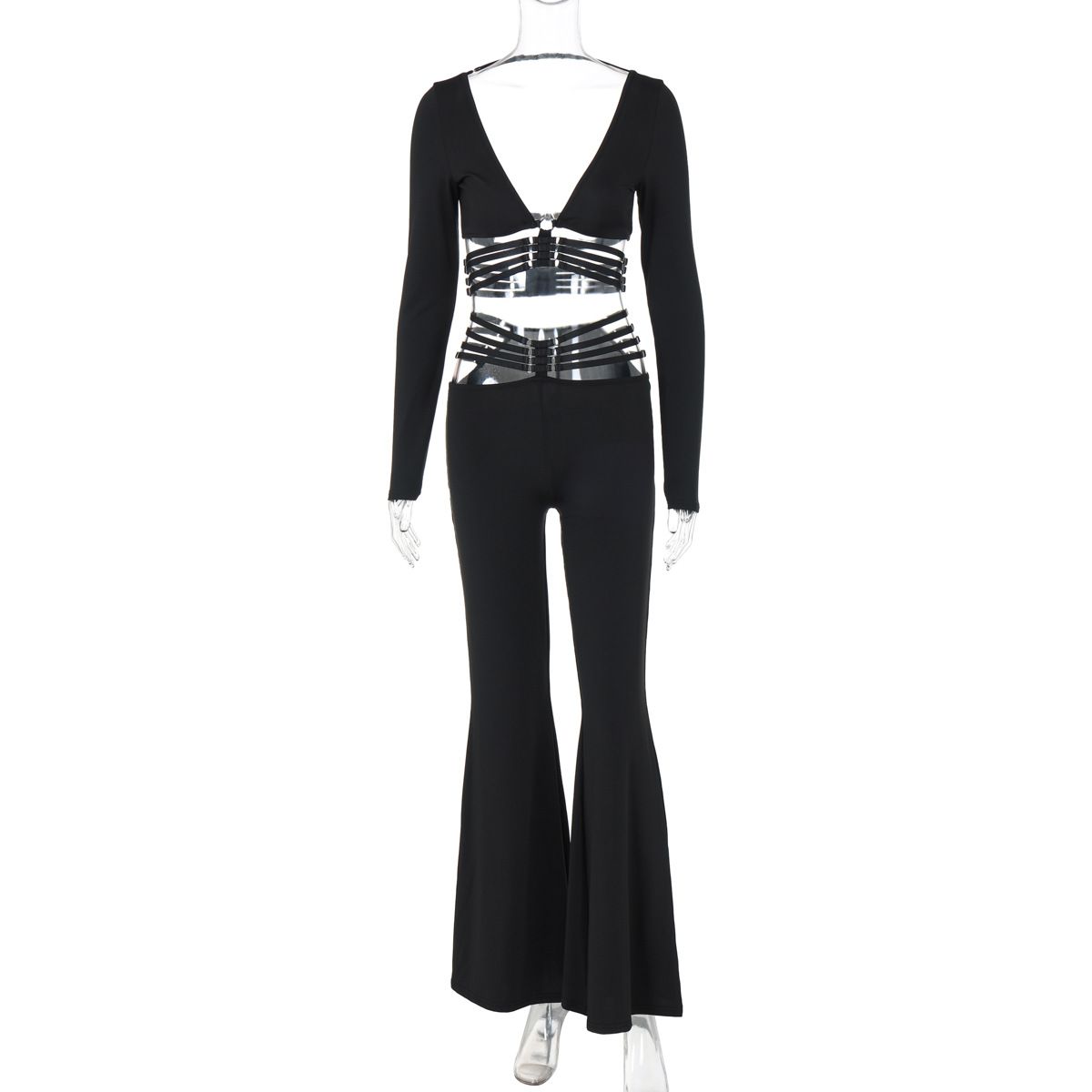 2025 Summer New Fashion Sexy V-Neck Long Sleeve Top Slim Fit Tie Wide-Leg Pants Set Wholesale_ecoleips.com