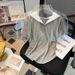 Real Shot Of The New Spring And Summer Hooded Lace V Neck Short Sleeved T Shirt For Women With Pleated Slim Fit And Sweet Tops In White And Gray_ecoleips.com